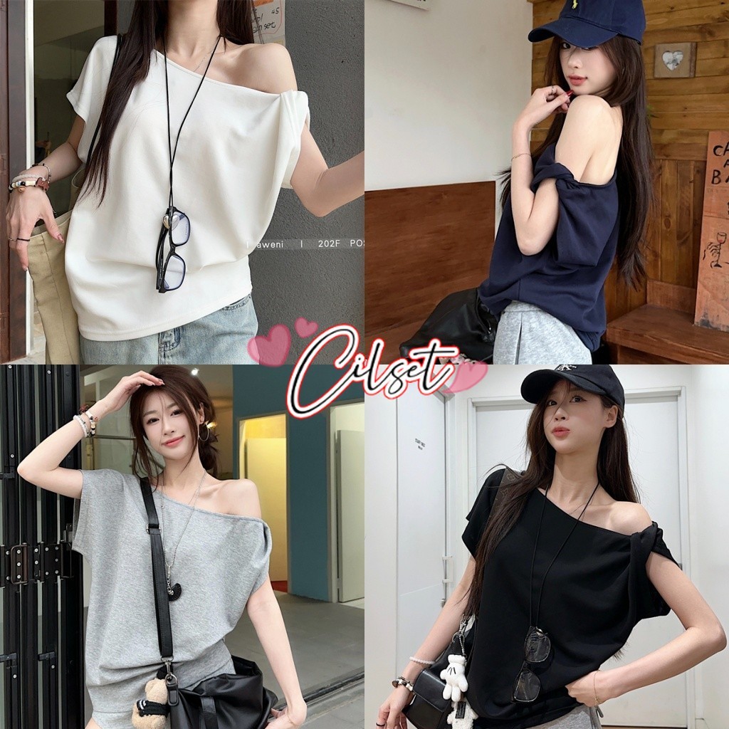 Cilset🛒พร้อมส่ง🎀 เสื้อเปิดไหล่ แขนสั้น สีพื้น ใส่สบาย ผ่านุ่มนิ่ม เท่ๆยืดกำลังดี ผ้าคอตตอน เข้ารูป /