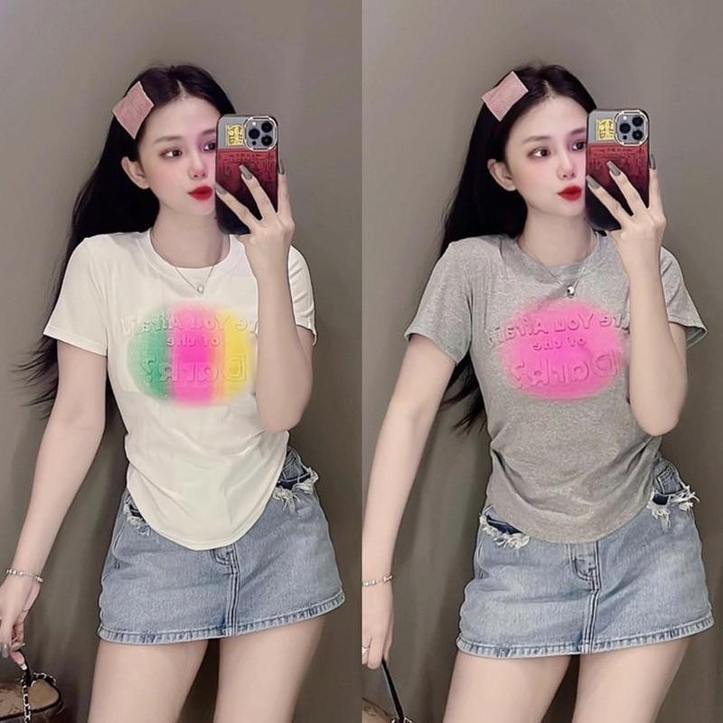 นางสาว เสื้อยืดแขนสั้นพิมพ์ลายย้อนยุค ฤดูร้อน มาใหม่  สไตล์สตรีท ลำลอง อเนกประสงค์ ทรงสลิมฟิต ท๊อป