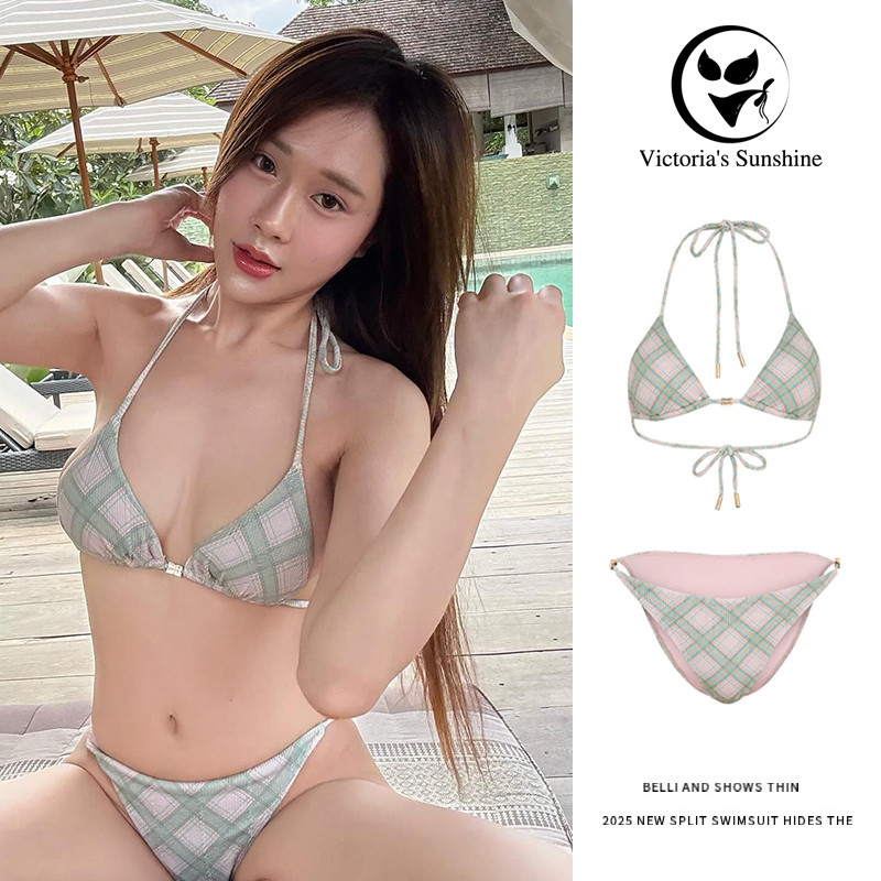 ส่งไวจากไทย บิกินี่ ลายสก็อต bikini sexy two piece ผูกคอ เว้าหลัง#0939