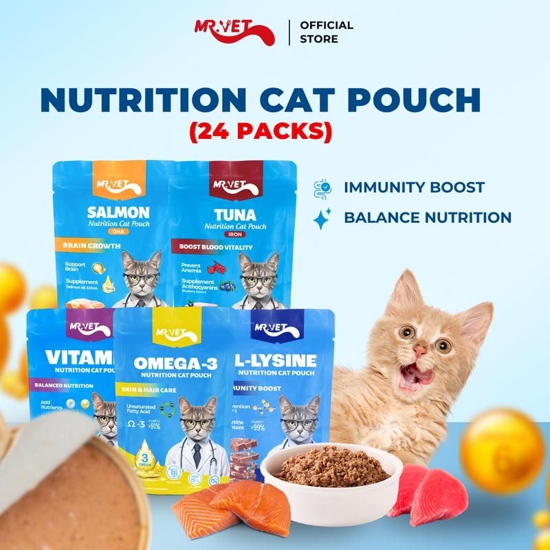 (Combo 24 แพ็ค) MR.VET Cat Pouch Nutrient-Rich อาหารเปียกสําหรับแมว Combo 24 , Omega-3, L-Lysine, วิ