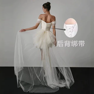 ชุดราตรียาวสั้นสำหรับพิธีแต่งงาน สีขาวมุก พรมผ้าซาติน พร้อมกระโปรงปักลาย และทะเบียนสมรส