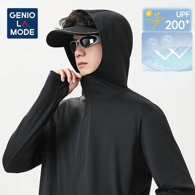 GENIO LAMODE เสื้อฮู้ดกันแดด UPF200+ เนื้อผ้าไอซ์ซิลค์ เย็นสบาย ระบายอากาศ 10000+รู ！ป้องกัน UV ≥95% กันร้อน ไม่ดำ! M-4XL