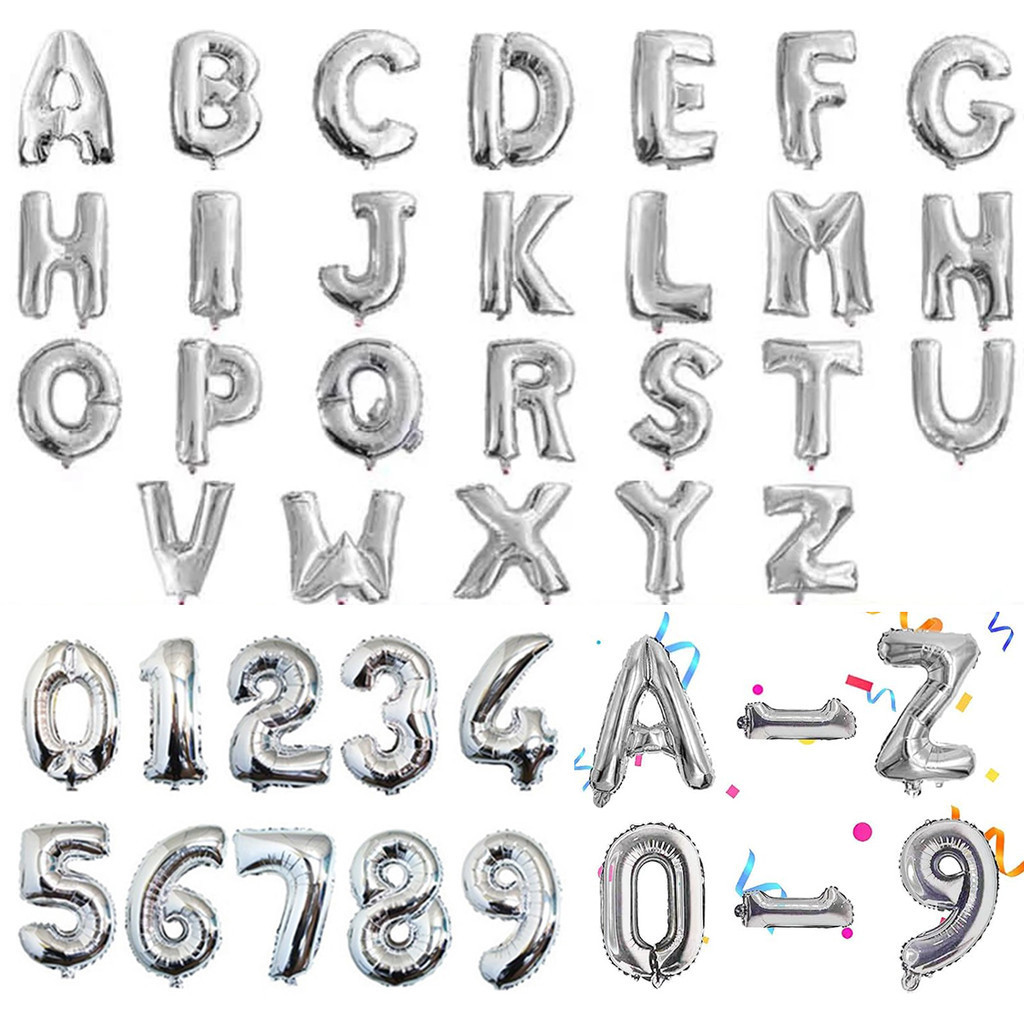 16 นิ้ว Silver Letter A ~ Z 0 ~ 9 ลูกโป่งสําหรับตกแต่งงานปาร์ตี้วันเกิด party supplies งานแต่งงานตกแต่งบ้านและสวน