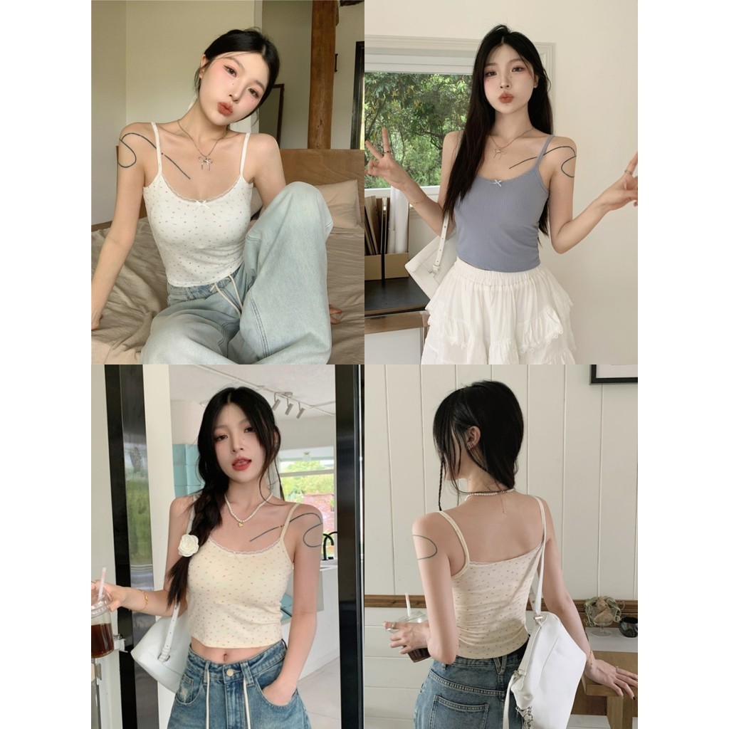 Bonnie ครอปกล้าม เข้ารูป มีฟองน้ำ ลายดอกไม้ หลากสี แต่งโบว์ ลูกไม้ เสื้อกล้ามผู้หญิง ผ้าดีมาก ใส่สบาย #FYC017-S