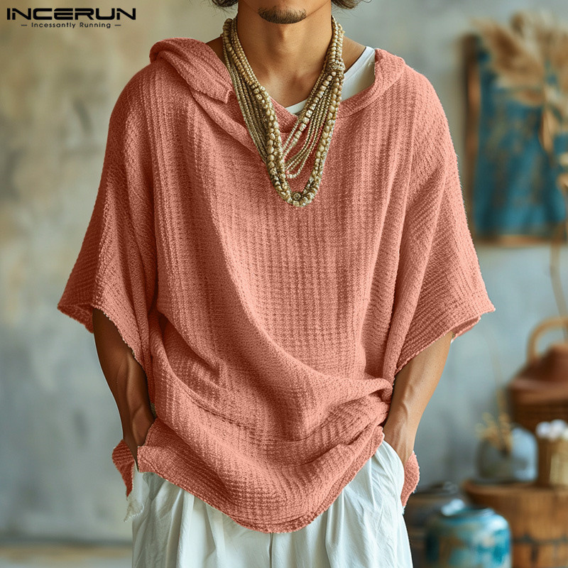 Incerun เสื้อกันหนาวมีฮู้ดแขนห้าส่วนแฟชั่นสําหรับผู้ชายสไตล์วินเทจ