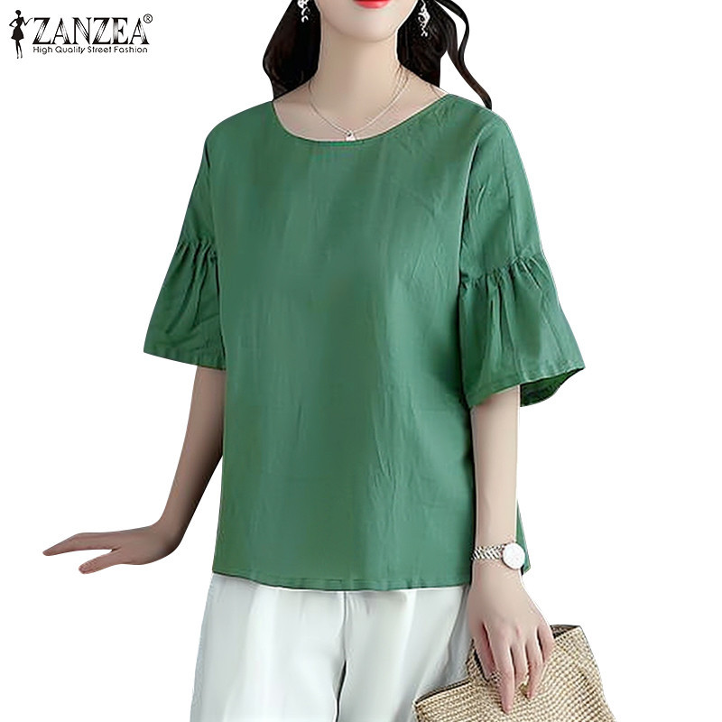 Zanzea เสื้อเบลาส์ครึ่งแขนคอกลมสีทึบสําหรับผู้หญิงเกาหลีเพื่อการพักผ่อน