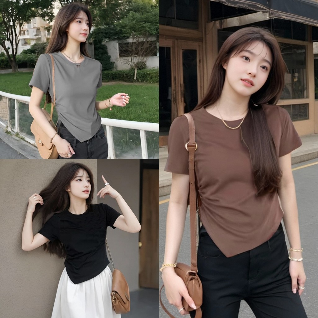 เสื้อยืดแขนสั้นสไตล์เกาหลีสำหรับฤดูร้อน สีทึบ 260427