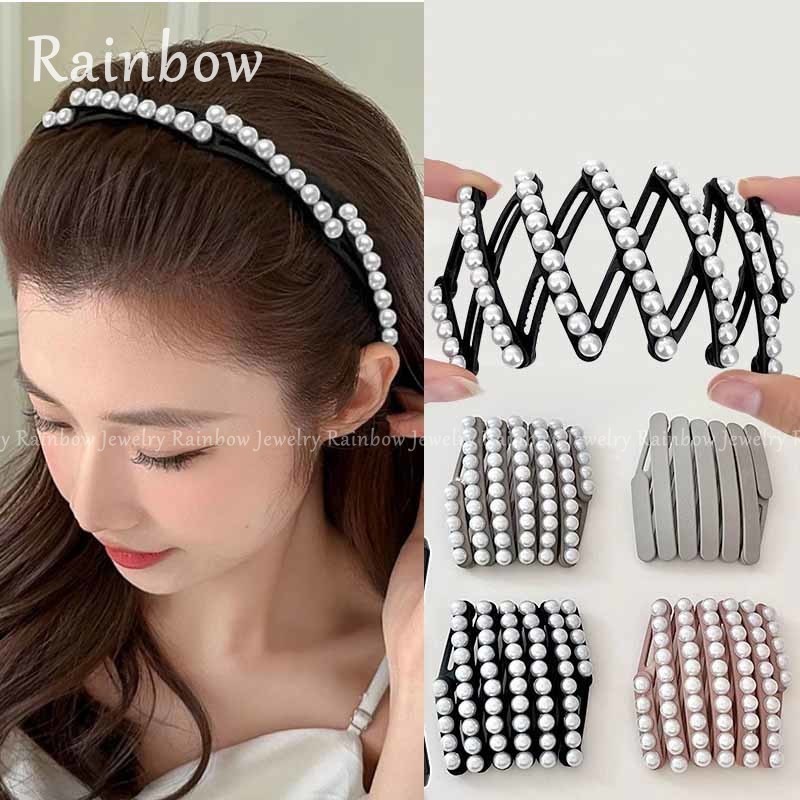 [สายรุ้ง] ที่คาดผมแบบพับได้แบบยืดหดได้ที่คาดผมมุกเทียมสําหรับผู้หญิง