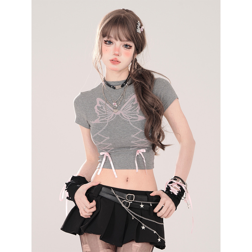 cherryshop🍒พร้อมส่ง เสื้อครอป เสื้อยืดรัดรูป ผ้ายืดนุ่มสวย แขนสั้นคอกลม โบว์สามมิติสไตล์สาวฮอต สดใสน่ารัก เซ็กซี่