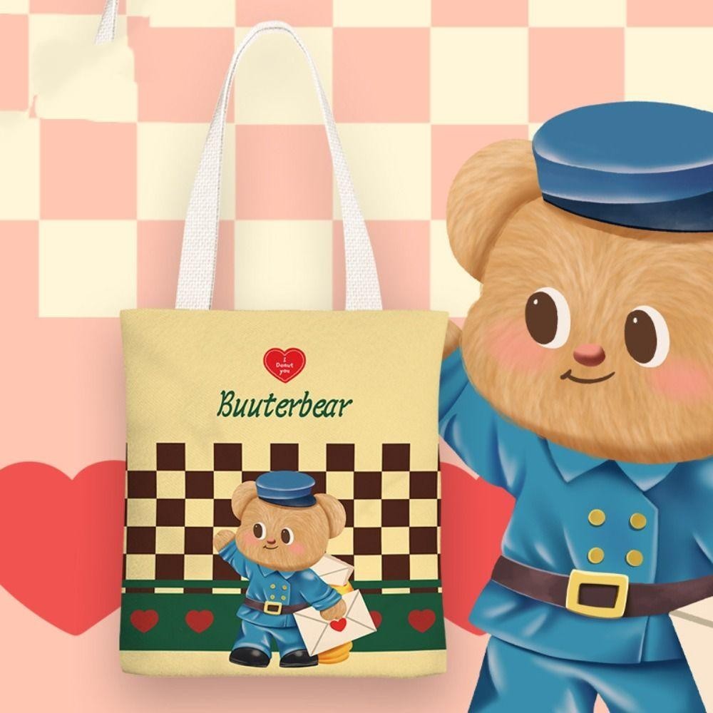 กระเป๋าผ้าแคนวาส REAYA Butter Bear, กระเป๋าสะพายหมีเนยเรียบง่ายการ์ตูน, กระเป๋าโท้ทความจุขนาดใหญ่แบบพกพาผู้หญิง