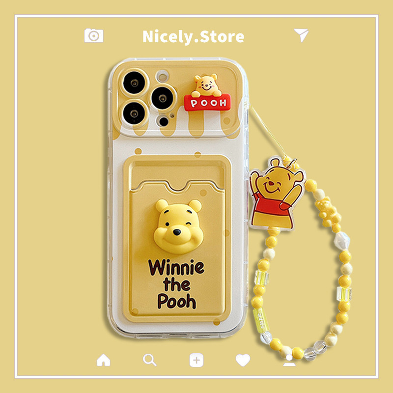 การ์ตูน 3D Winnie the Pooh กระเป๋าการ์ด Chain เคสโทรศัพท์สําหรับ iPhone 15 14 13 Pro Max 12 11 Full Coverage TPU ฝาหลังปลอก