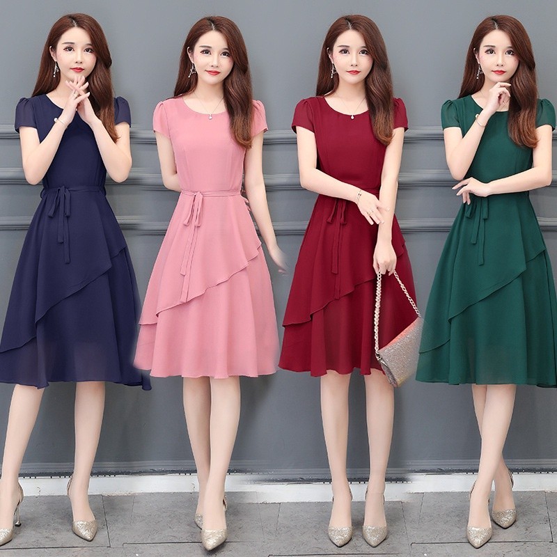พร้อมส่งผู้หญิงแขนสั้นชุด Tie Wasit จีบ Hem Casual Midi Dress M-4XL