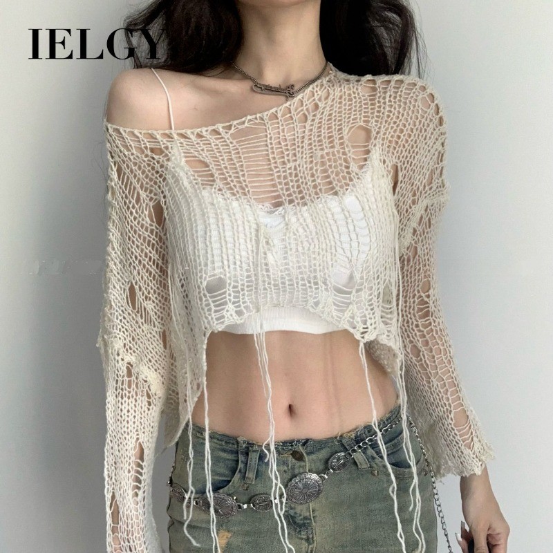 IELGY ทุกการแข่งขันสไตล์เกาหลีหลุมใหญ่กลวงหลวมสาวร้อนขี้เกียจเสื้อถักสําหรับผู้หญิง