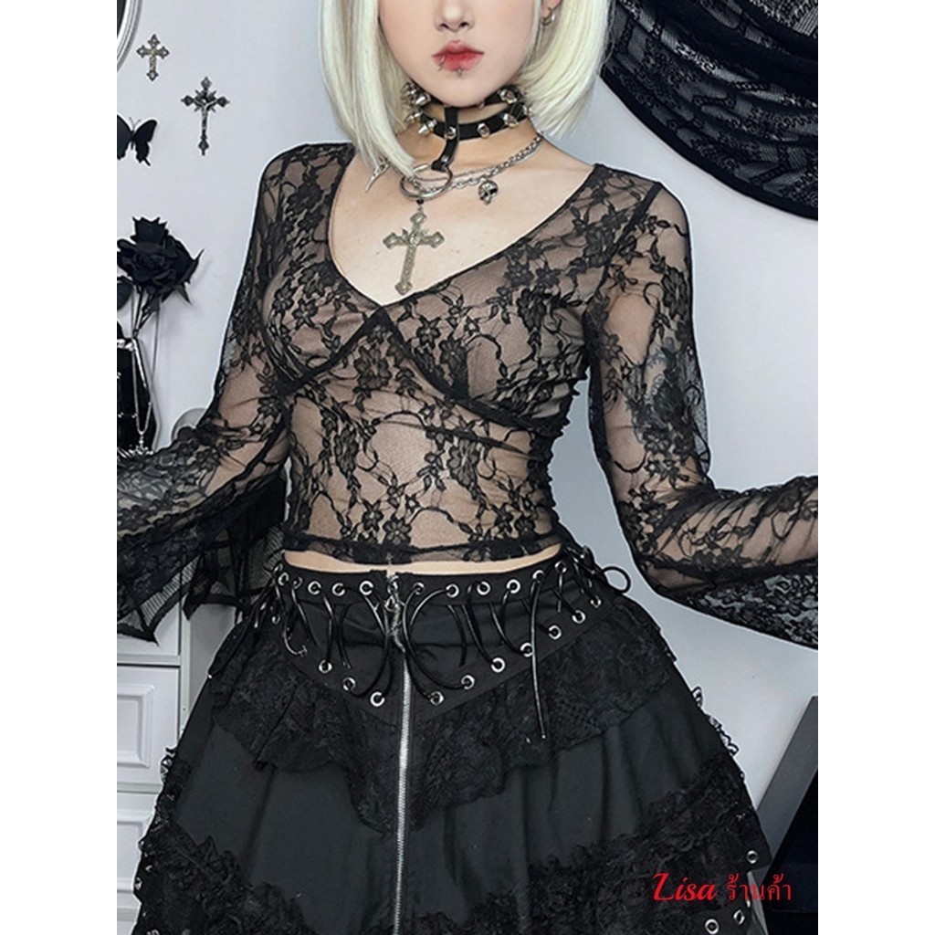 ผู้หญิง Lace Crop Tops Fairy Grunge V คอดูผ่าน SHEER ตาข่าย T เสื้อ Punk SLIM FIT เสื้อแขนยาว