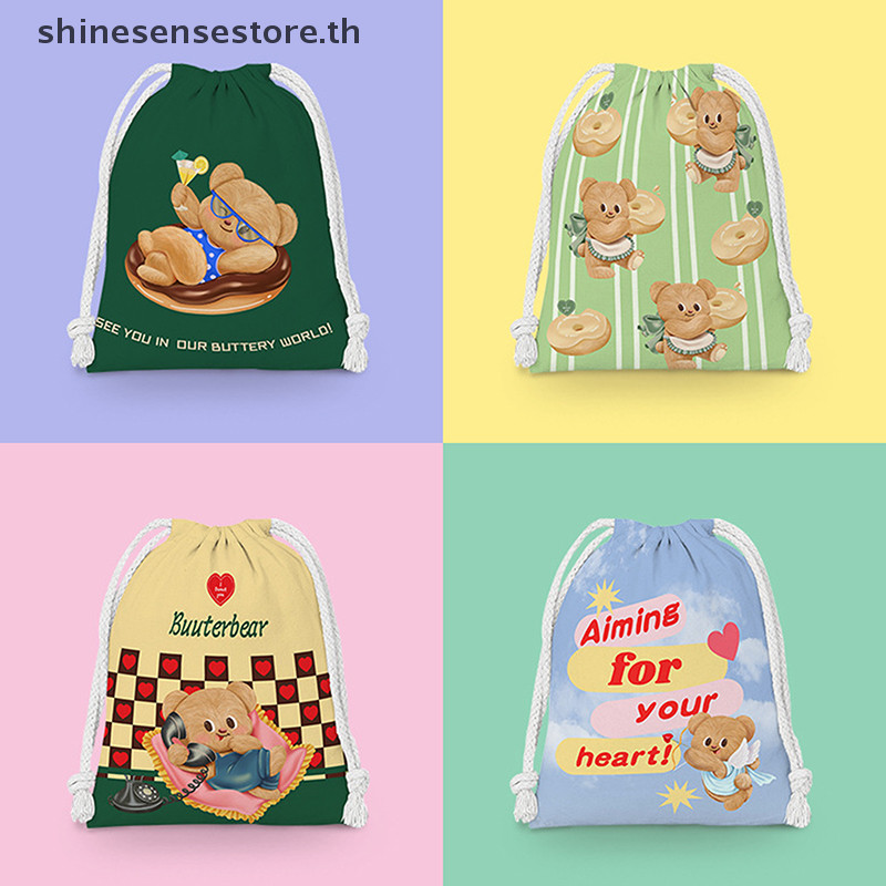 Shine Butter Bear Biscuits Candy Snack Drawstring Bag กระเป๋าผ้าการ์ตูนกระเป๋าเก็บของเบ็ดเตล็ดกระเป๋าเครื่องสําอางกระเป๋าแป้งแบบพกพา TH