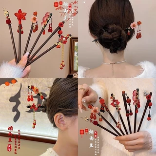 กิ๊บติดผมพู่สีแดงสไตล์จีนผ้าโพกศีรษะไม้สไตล์จีนใหม่