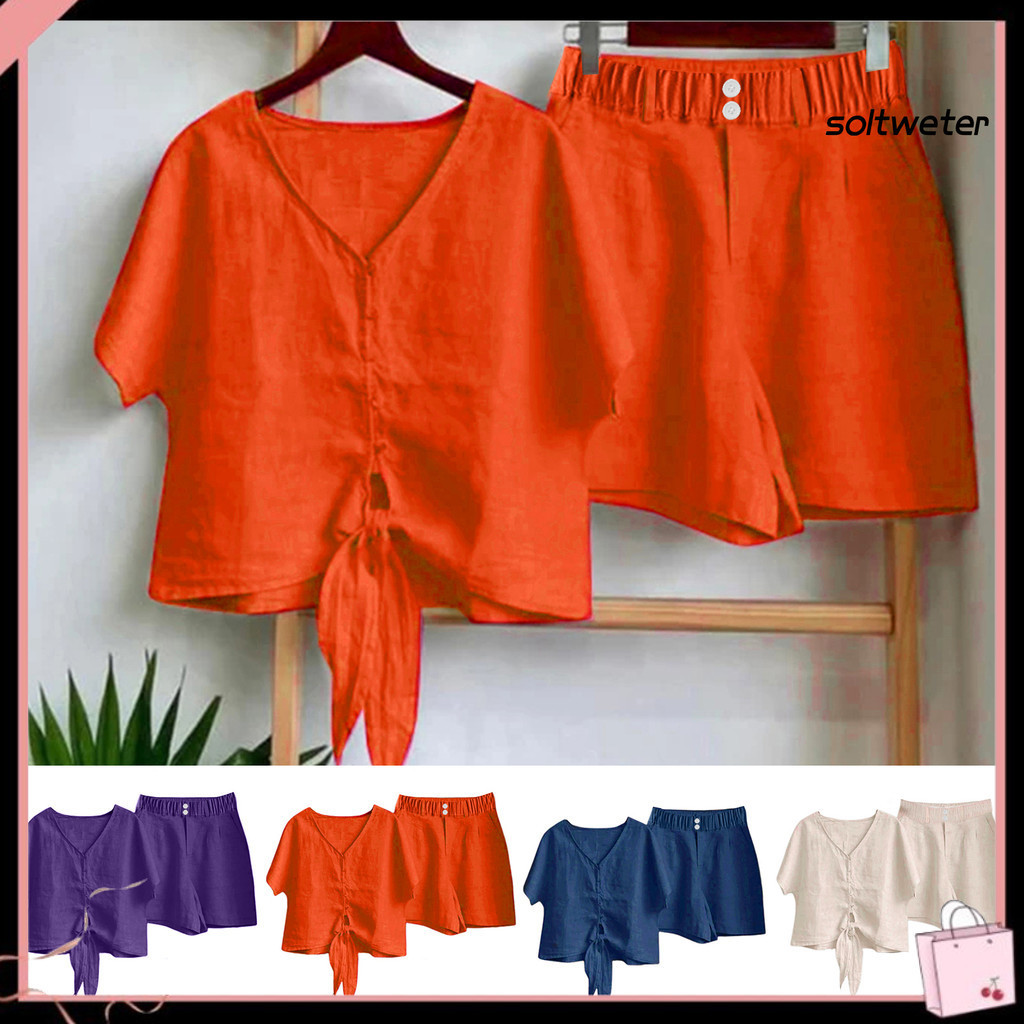 [swv]2 ชิ้น/เซ็ตผู้หญิงเสื้อกางเกงขาสั้นชุดหลวมสีทึบ V คอสีบริสุทธิ์กระดุมแถวเดียว Lace-up Knot แขนส