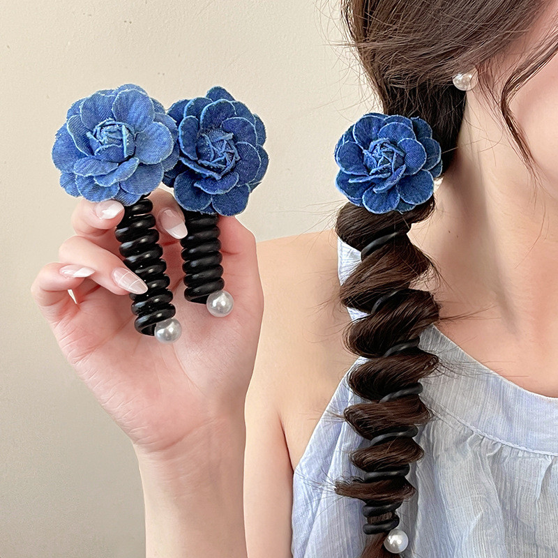 Denim Flowers โทรศัพท์ Line เชือกผมแฟชั่นเกาหลีแหวนผมเครื่องประดับผมสําหรับผู้หญิง