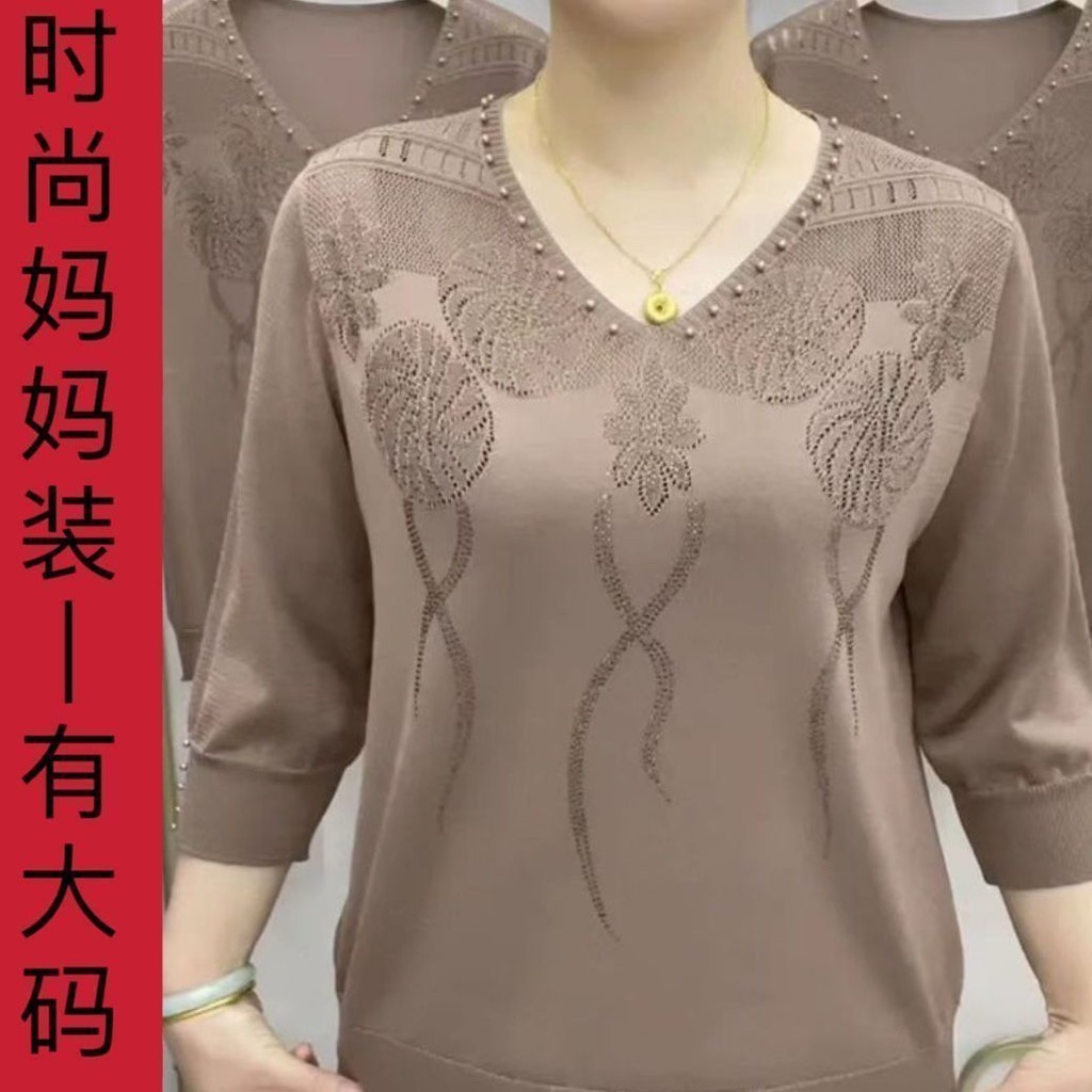 ผ้าไหมน้ำแข็งกลวง rhinestone ถักเสื้อยืดสำหรับผู้หญิงฤดูร้อนใหม่3/4แขนเสื้อสวมหัวแม่ด้านบน
