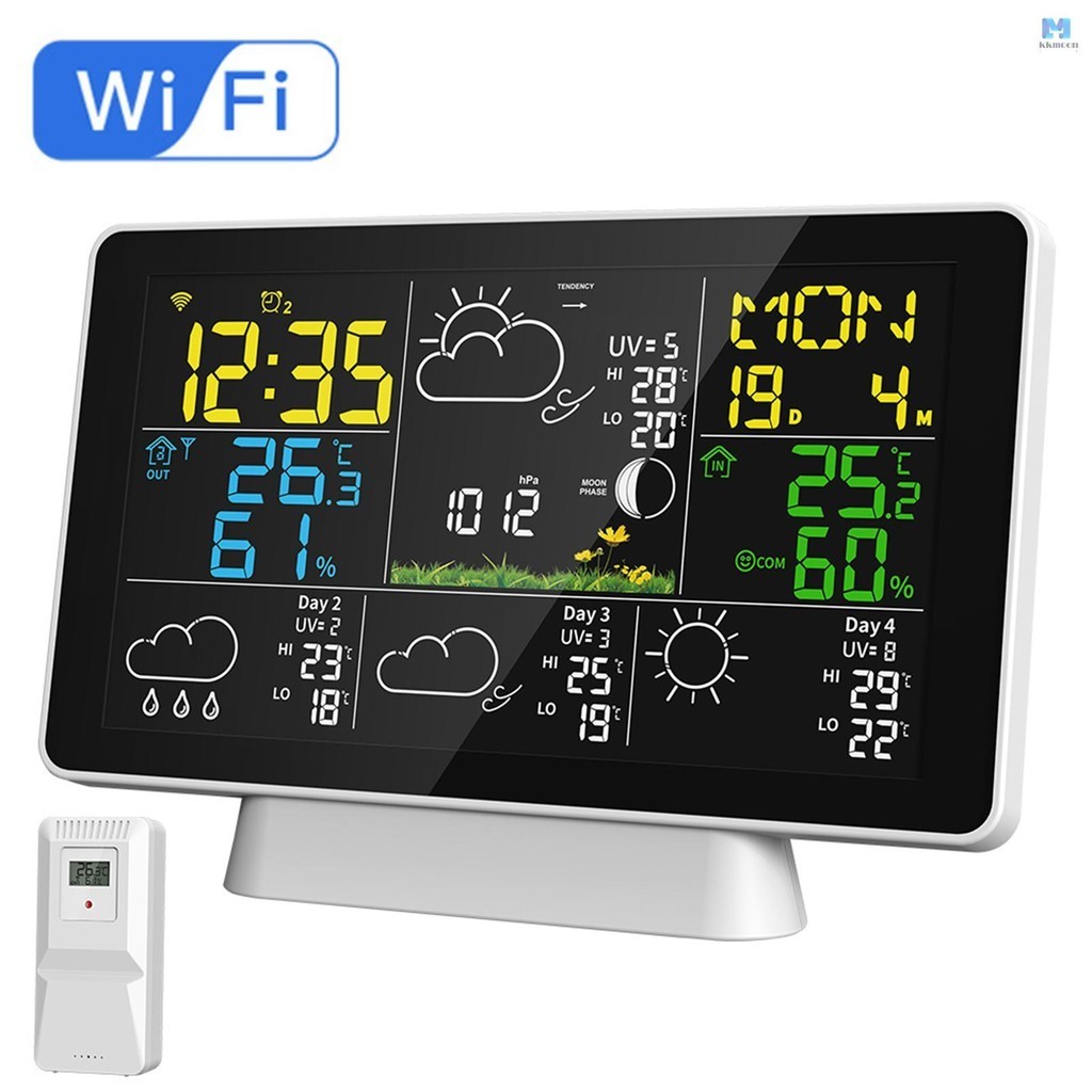 หน้าจอสี WiFi เครื่องวัดอุณหภูมิและความชื้นสถานีอากาศอัจฉริยะนาฬิกาสภาพอากาศสี่วันบนหน้าจอเดียวกันจอแสดงผลเฟสดวงจันทร์ความดันบรรยากาศ Di