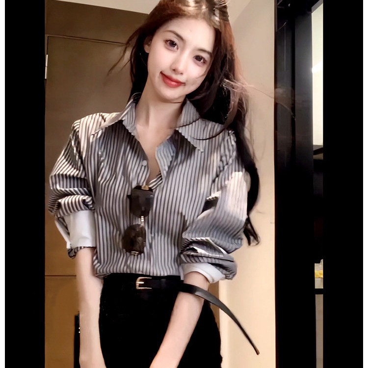 ข เสื้อเชิ้ตแขนยาวลายทางผู้หญิงสไตล์เกาหลีคอปกโปโลยาวปานกลาง
