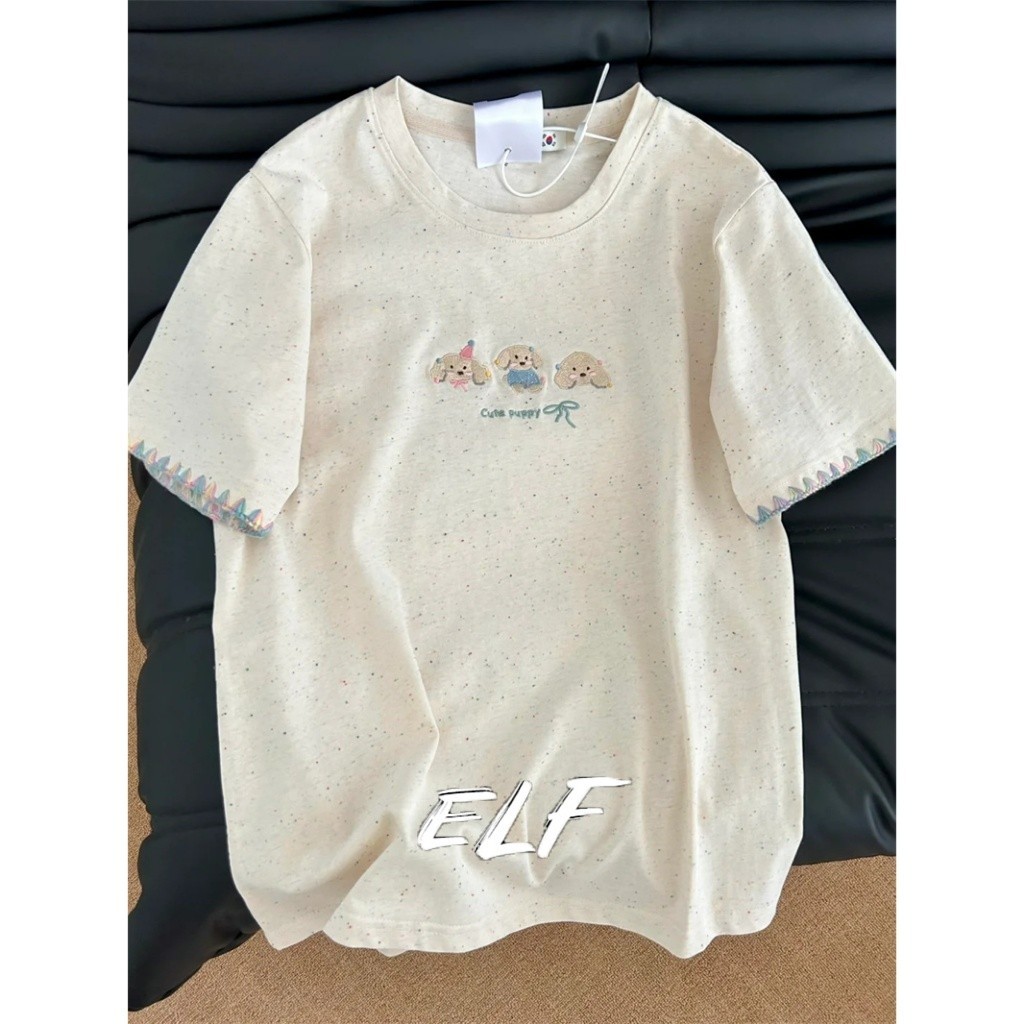 เสื้อยืดแขนสั้นผ้าฝ้ายแท้ลายการ์ตูนผู้หญิงสไตล์หวานพร้อมสไตล์ดีไซน์ฤดูร้อนบุคลิกภาพสมวัยเล็ก ๆ