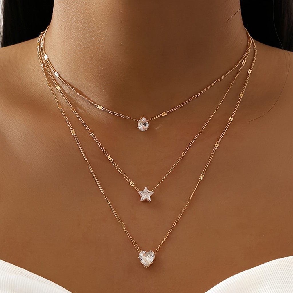 1 ชิ้น Simple Multilayer Star Love Water Drop Rhinestone จี้สร้อยคอ Clavicle Chain สําหรับผู้หญิง