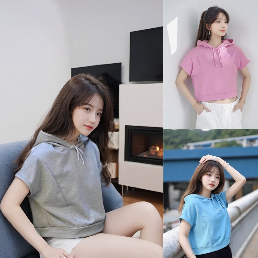 เสื้อครอปแขนสั้นพร้อมหมวกและฮู้ด สีพาสเทลน่ารัก ดีไซน์สวยงามสำหรับการแต่งตัวที่ดูดีมีสไตล์