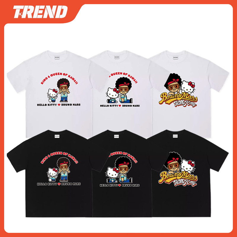 Bruno Mars X Hello Kitty Merch ผ้าฝ้ายเสื้อยืด Unisex Plus ขนาดน่ารักการ์ตูนพิมพ์แขนสั้นผู้ชายและผู้หญิง Vintage ฤดูร้อน Street แฟชั่นเสื้อลําลอง Tee