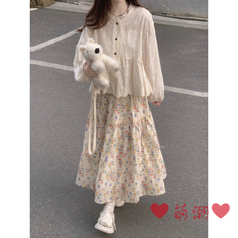 สูท ครึ่งกระโปรงเสื้อด้านบนฝรั่งเศสดอกไม้ขนาดเล็กครึ่งกระโปรงฤดูใบไม้ผลิฤดูร้อนชีฟองอ่อนโยนกลางความยาวกระโปรงเค้กกระโปรงยาวเย็บเอวสูง ผอมลง ดูหวานครึ่