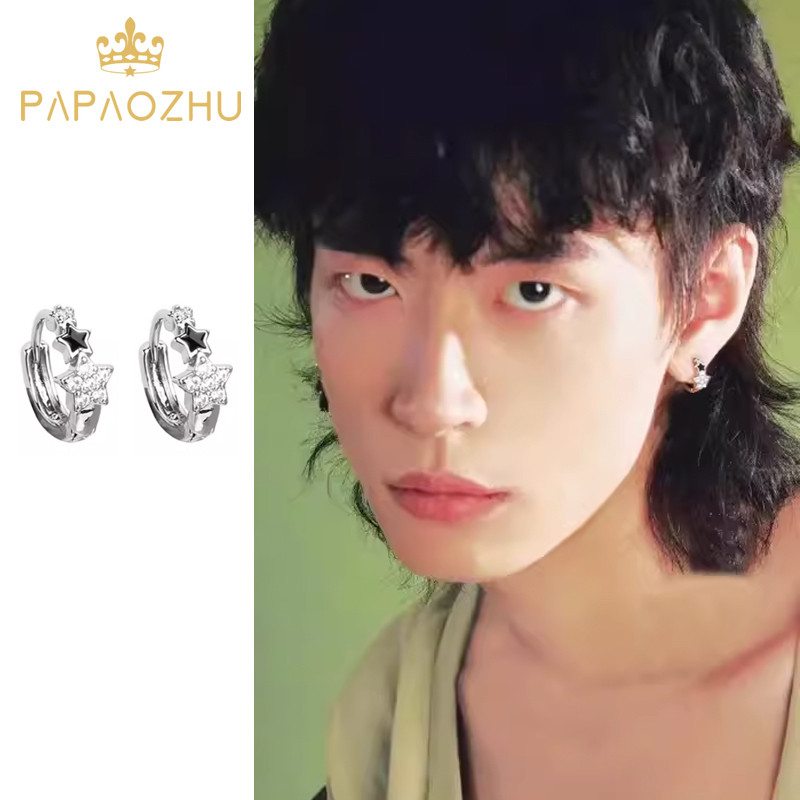 Papaozhu Cool s925 เงินคริสตัลสีดํา Star Hoop ต่างหูสําหรับผู้ชายผู้หญิงแฟชั่นกลางแจ้งเรขาคณิตรอบหูเครื่องประดับของขวัญ