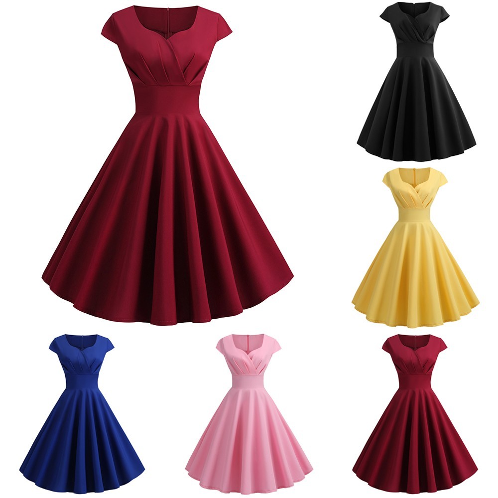 ⭐  BIG DISCOUNTS⭐ ใหม่สุภาพสตรี Vintage 50s Retro Prom Dress Evening Party Swing Midi Swing Dresses-