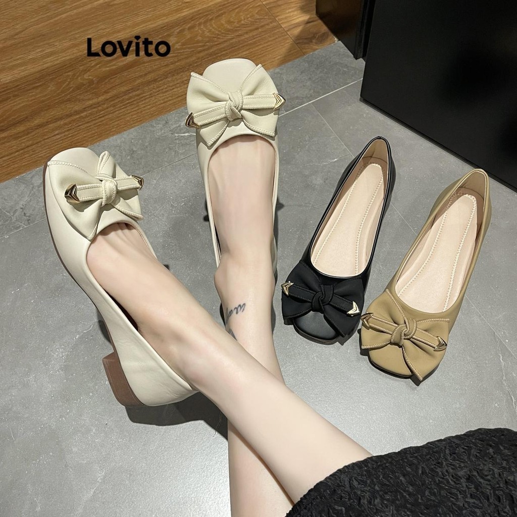 (Lovito Refine) รองเท้าส้นเตี้ยผู้หญิง แต่งเข็มขัด โบว์ สีพื้น สไตล์ลำลอง LFA20379