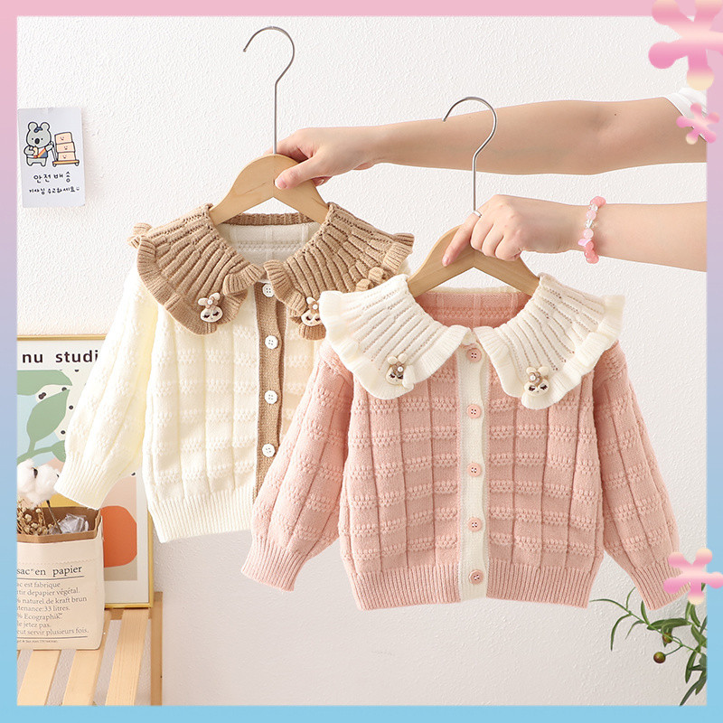 Girls' Lapel Sweater Cardigan Baby Girl Sweet Knitted Coat Rabbit Infant Sweater New Spring and Autumn Clothing
