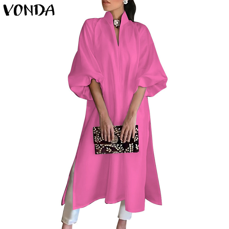 Vonda ชุดเดรส A-Line ผู้หญิงสีทึบหรูหราหลวมไม่ยืดหยุ่นความยาวปานกลาง