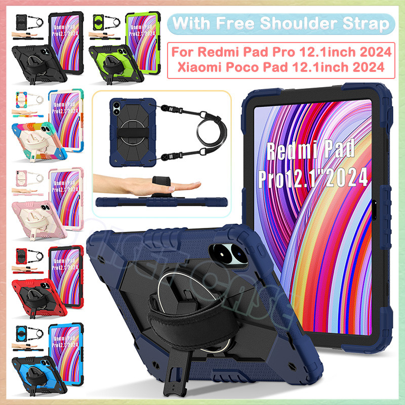 สําหรับ Redmi Pad Pro 12.1 2024 Xiaomi Poco Pad 12.1 นิ้ว 360° ฝาครอบขาตั้งที่จับหมุนได้ เคสกันกระแทกสําหรับงานหนักพร้อมสายคล้องมือ
