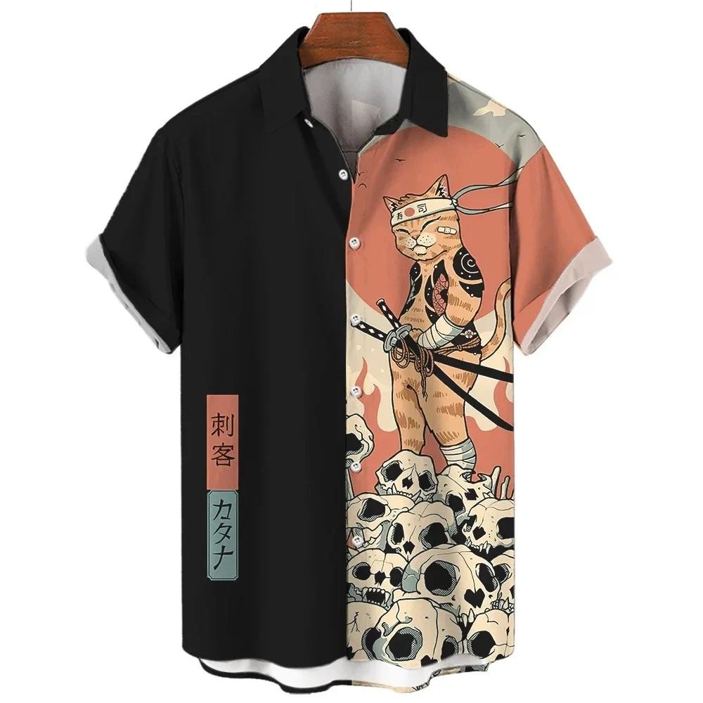 เสื้อแฟชั่นผู้ชาย Cool Samurai Cat Tops ฤดูร้อนใหม่เสื้อผ้าผู้ชายลําลองแขนสั้นปุ่มเสื้อหลวมเสื้อฮาวาย