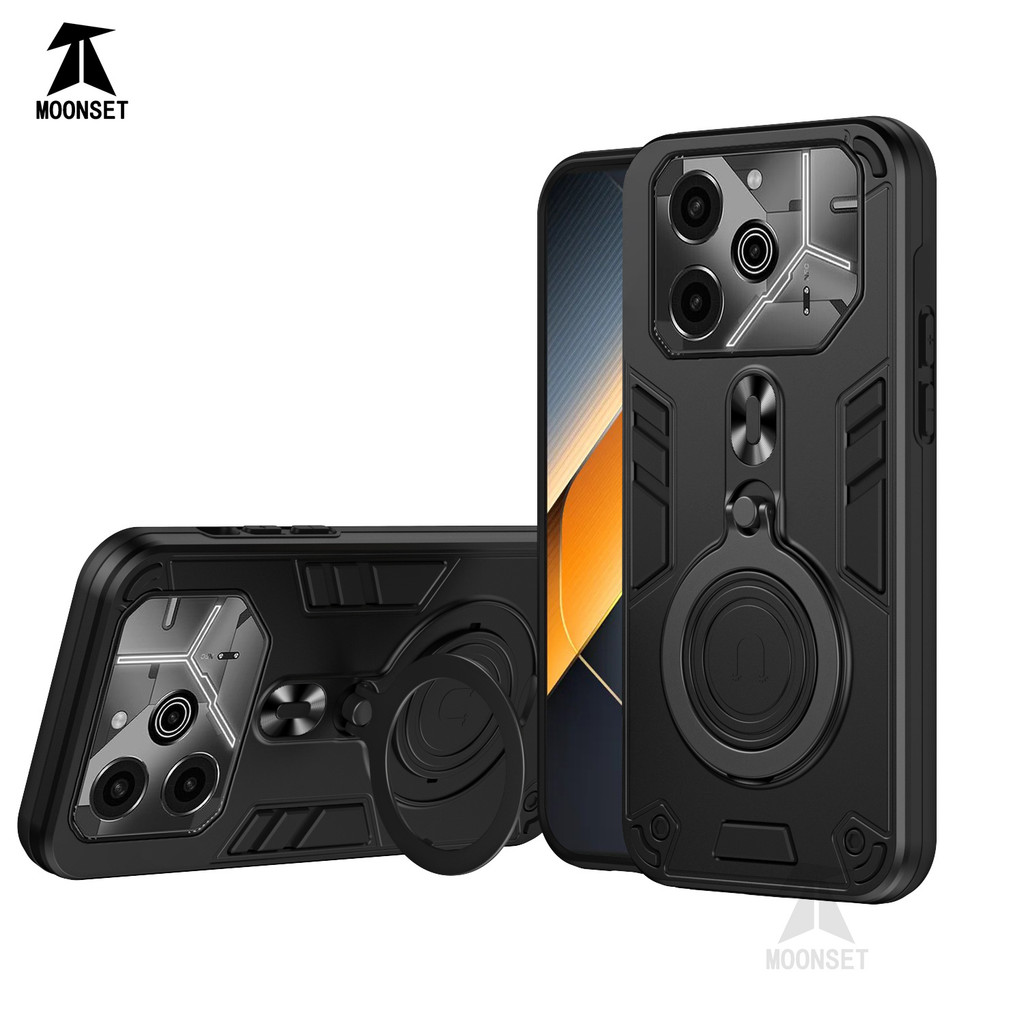 สําหรับ Tecno POVA 6 Pro 5G กรณีผู้ถือแหวนโลหะขาตั้ง Soft TPU Edge Hard PC ด้านหลังกันกระแทก Slim บางฝาครอบ