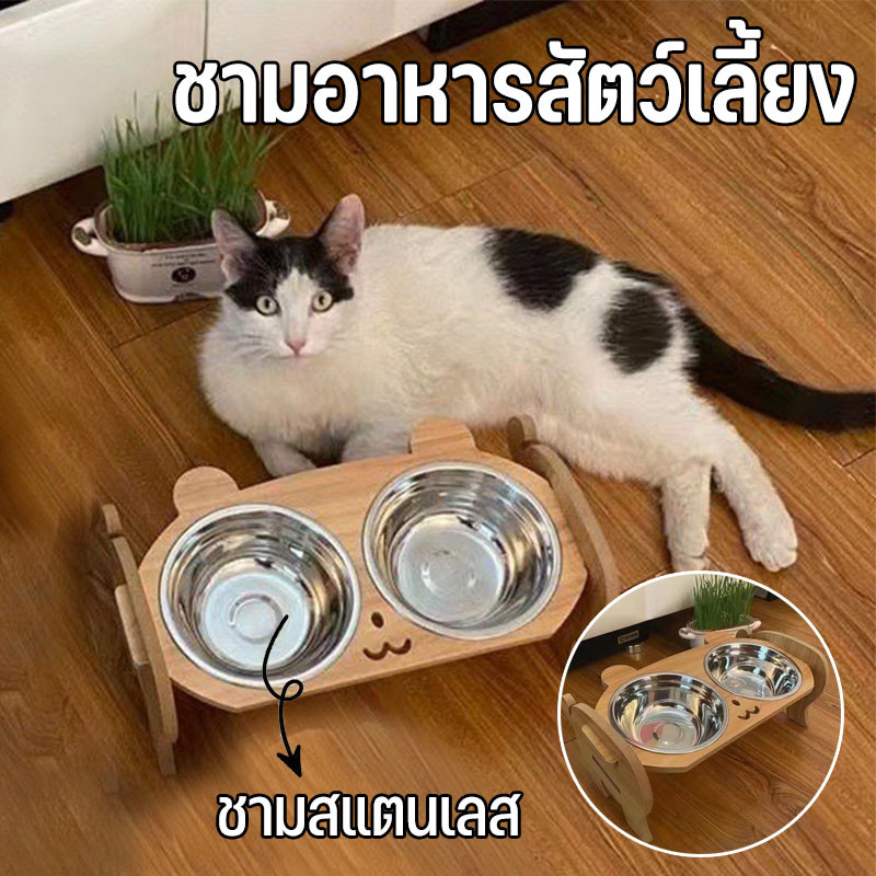 ชามอาหารสัตว์เลี้ยง ชามสแตนเลส ใส่อาหารหมา แมว ชามเอียง ตัวฐานเป็นไม้ ปรับความสูงได้