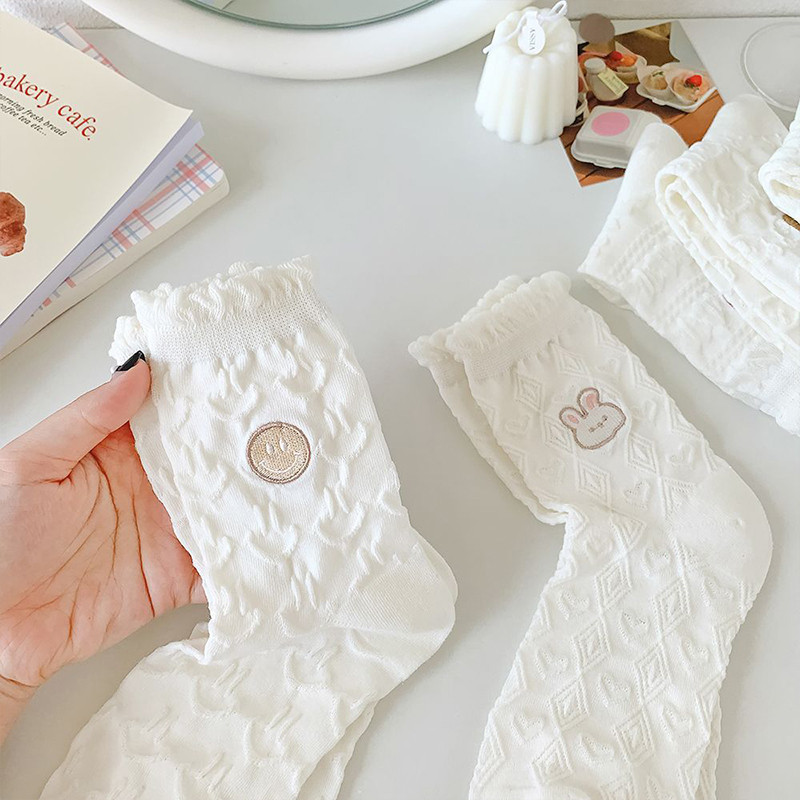 พร้อมส่ง : ถุงเท้า ข้อยาว 5 คู่ ขาวล้วน แต่งอิโมจิ เก๋ๆ ใส่ได้ทุกวัน มินิมอล แฟชั่น น่ารัก ผ้านุ่ม - รูปที่ 3