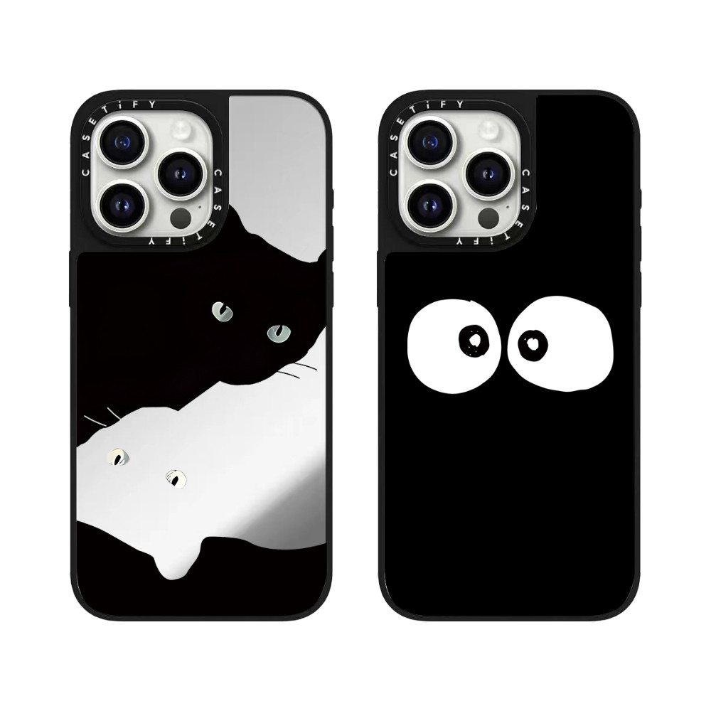 Casetify สีดําและสีขาวแมวคุณภาพสูงกระจกเคสโทรศัพท์เหมาะสําหรับiPhone 15 Pro Max 14 Pro Max 13 Pro Max 15 Pro 14 Pro 13 Pro 12 Pro 12 11 แฟชั่นAnti Drop Hard Case