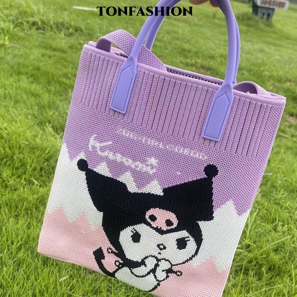Tonfashion กระเป๋าถือถัก Sanrio กระเป๋าสะพาย Kuromi นํากลับมาใช้ใหม่ได้น่ารักการ์ตูนความจุสูงโพลีเอสเตอร์ Knot สายรัดข้อมือสําหรับผู้หญิง