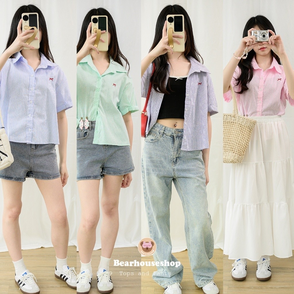 Lilia Bowly Shirt เสื้อเชิ้ตเเขนสั้นคอปก ลายทาง ปักโบว์จิ๋ว เพิ่มความน่ารักกรุบกริบ