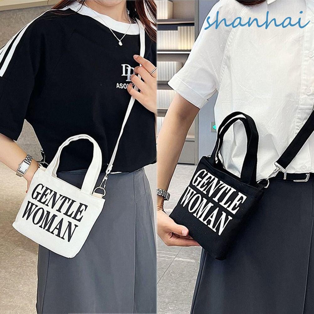 Shanhai สุภาพบุรุษ ผ้าใบ กระเป๋าสะพายข้าง ตัวอักษรไทย เรียบง่าย ขนาดเล็ก กระเป๋าถือ นักเรียน