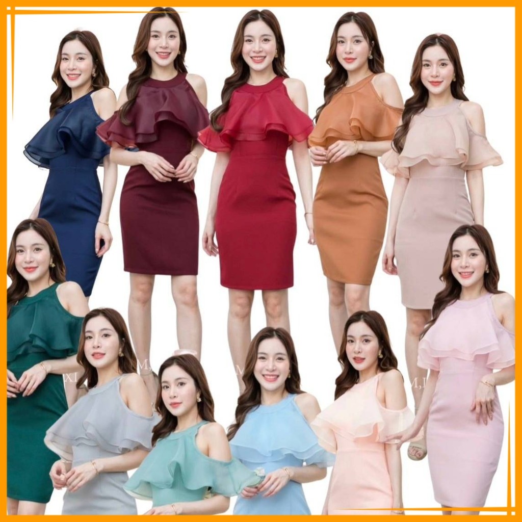 ชุดไปงานแต่ง Wedding Dress ชุดขายดี AP016 เดรสน่ารักๆ พรีเมี่ยม ระบาย 2 ชั้น แต่งออแกนดี้ มีหลายสี ซับใน ซิปหลัง