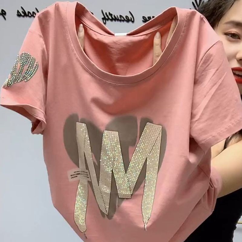 [HY] S-3xl Pure Cotton Letter Hot Diamond เสื้อยืดแขนสั้นสุภาพสตรีแฟชั่นแฟชั่นรอบคอ Simple Bottoming Top