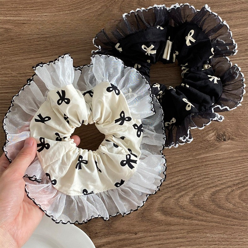ขนาดใหญ่หวานเกาหลีสีดําสีขาวลูกไม้ Bowknot ผมผูกยางรัดหัวเชือก Scrunchies