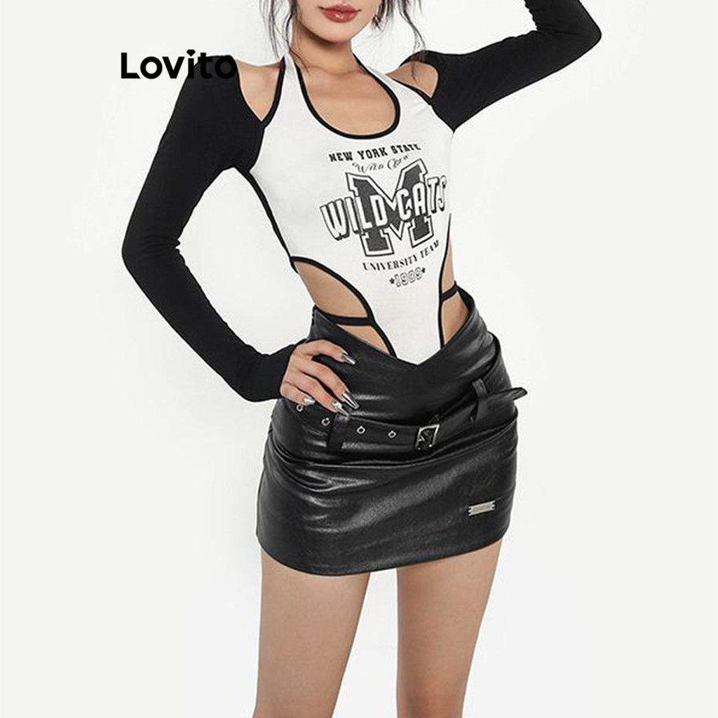 Lovito บอดี้สูทผู้หญิง แบบพิมพ์ลาย สไตล์ลำลอง LNA69096