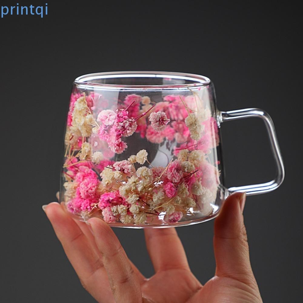PRINTQI ถ้วยแก้วสองชั้น, แก้วกาแฟแก้วสองชั้น, ดอกไม้จําลองเย็นเก็บเครื่องดื่มร้อนบ้าน
