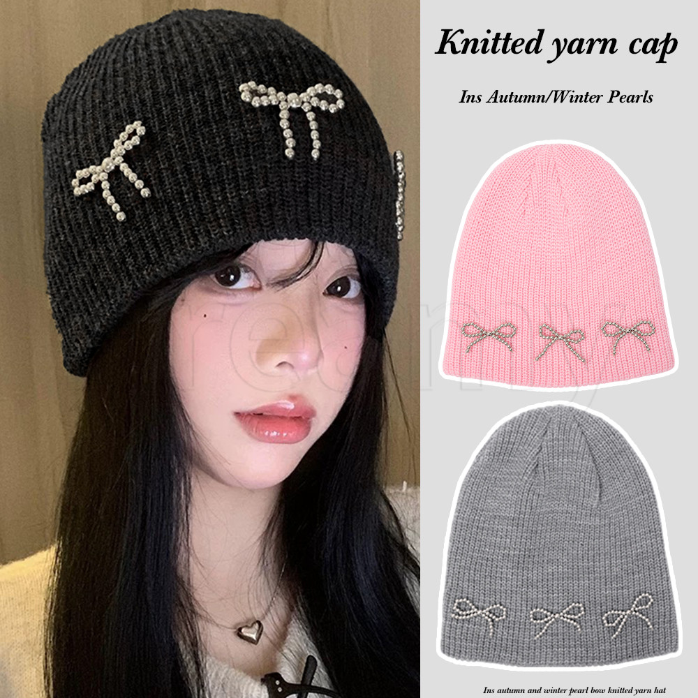 หมวกถักโบว์มุกเกาหลี-ฮิปฮอป,บุคลิกภาพ,หวาน-ถักกระเป๋าหัวหมวกบีนนี่-ป้องกันหูที่อบอุ่นฝากระโปรง-สําหรับผู้ชาย,ผู้หญิง-สาวย2เคโบว์หมวกมุก